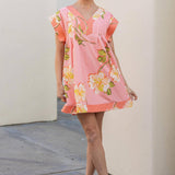 Strut & Bolt - Tropical Hibiscus V-neck Pintuck Mini Dress