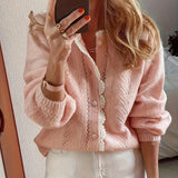 Rosa Clothing - Slouchy Contrast Scallop Lace Trim Button Knit Cardigan