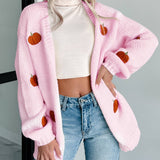 Rosa Clothing - Halloween Pumpkin Embroidery Ribbed Knit Open Cardigan