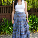 Dolma - Block Printed Tiered Cotton Skirt- Grey Blue 