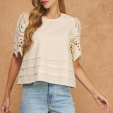 Strut & Bolt - Eyelet Embroidery Flutter Short Sleeve Pintuck Blouse