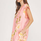 Strut & Bolt - Tropical Hibiscus V-neck Pintuck Mini Dress