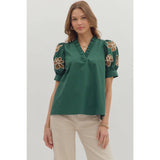 STYLE USA - Solid ruffle accent V-neck top