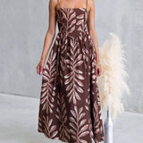 Rosa Clothing - Tropical Leaf Print Spaghetti Strap Flowy Swing Dress