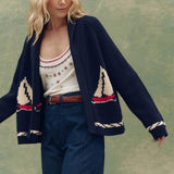 Rosa Clothing - Ocean Sailboat Jacquard Shawl Cardigan