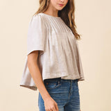 TCEC - CT9659-Pleated Detail Round Neck Short Metallic Top