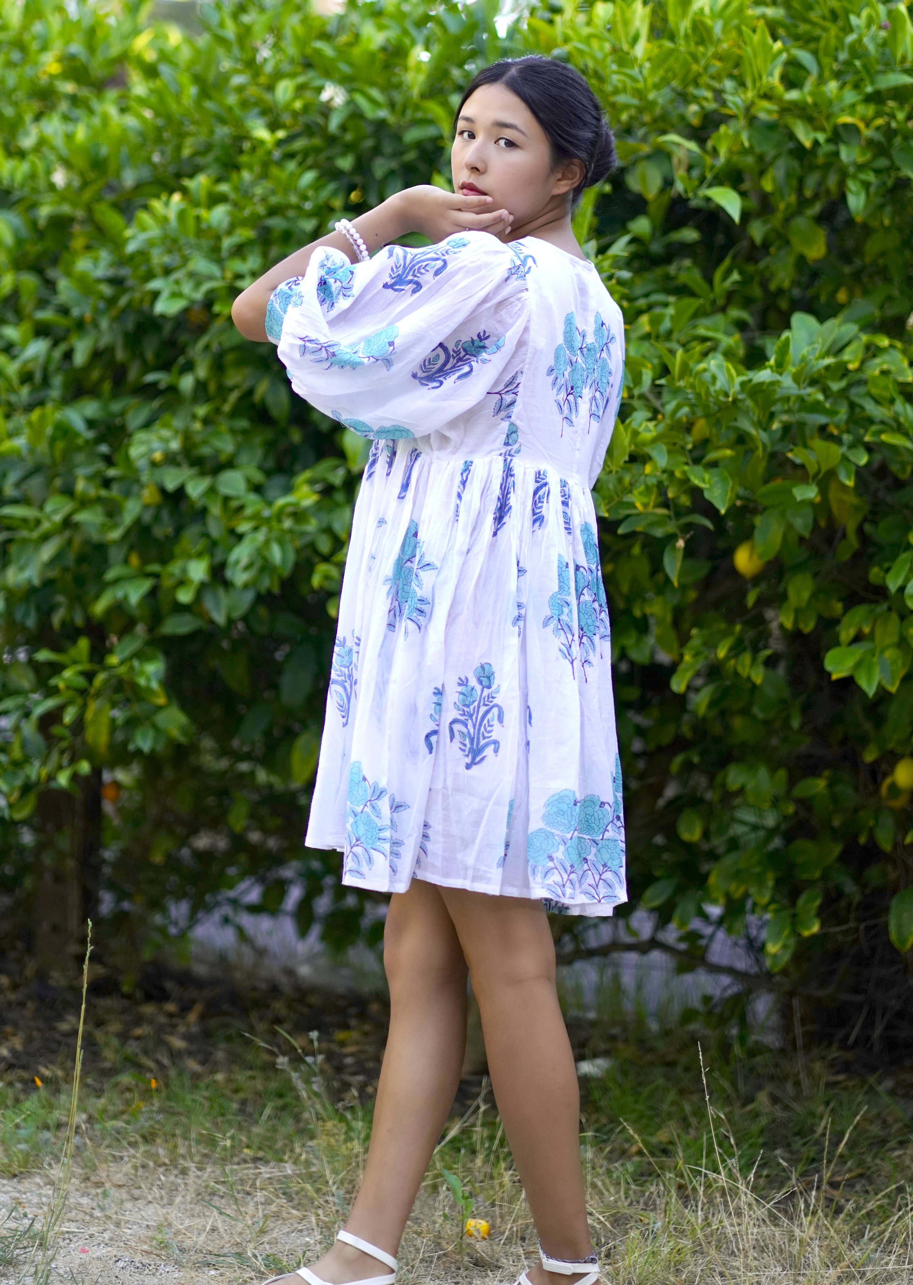 Dolma - Raya Block Printed Mini Dress White Turq