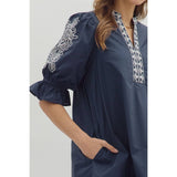 STYLE USA - Floral embroidered sleeve Solid mini dress