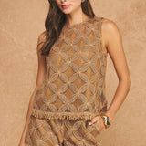 Strut & Bolt - Fringe Hem Floral Medallion Crochet Sleeveless Top