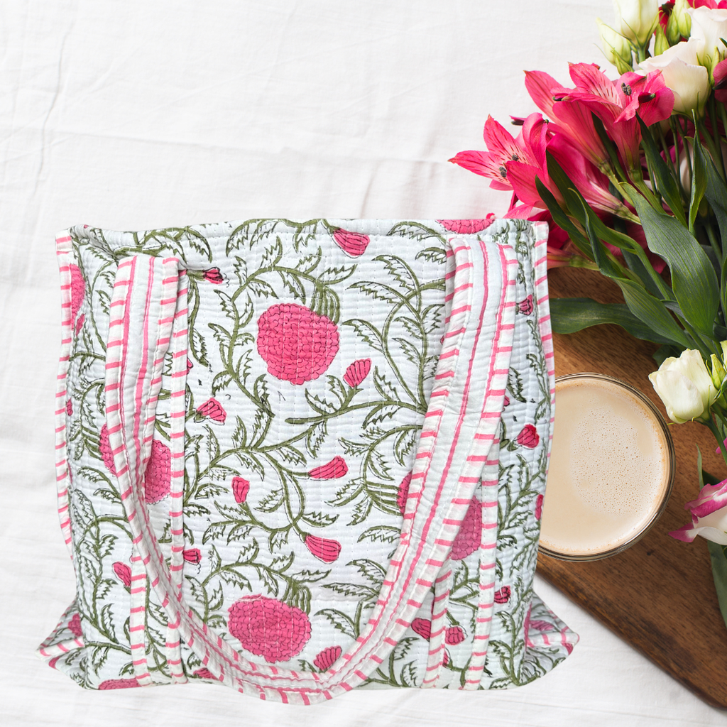 The Indian Bazaar - Quilted Cotton Reversible Tote Bag - Vine Pink Floral Print