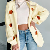 Rosa Clothing - Halloween Pumpkin Embroidery Ribbed Knit Open Cardigan