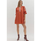 STYLE USA - Floral embroidered sleeve Solid mini dress