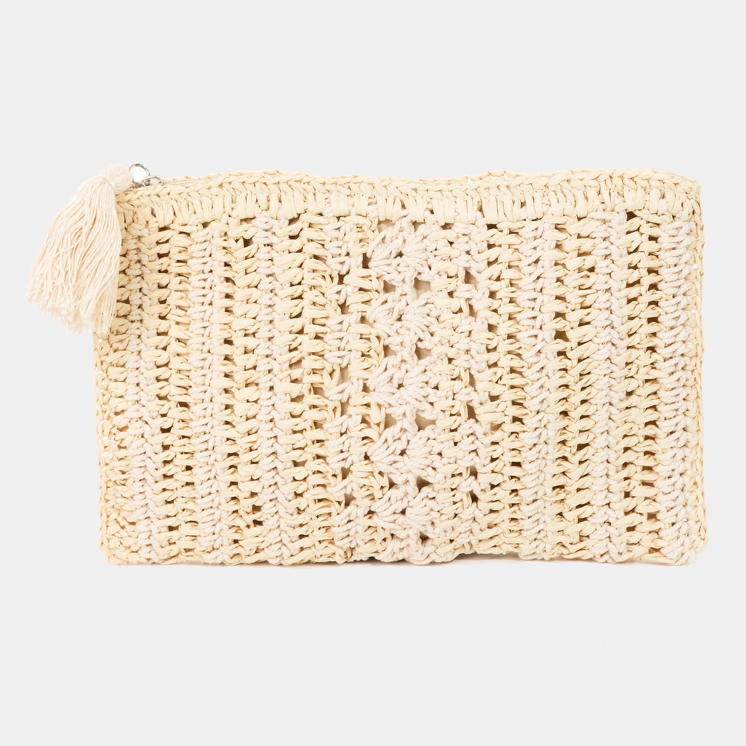 Collections by Fame Accessories - Tassel Zipper Straw Knit Cosmetic Bag