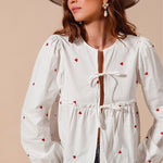 FRONT TIE HEART EMBROIDERED BLOUSE