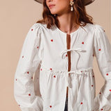 FRONT TIE HEART EMBROIDERED BLOUSE
