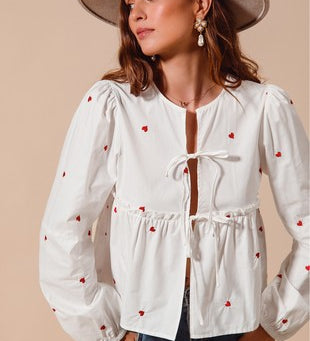 FRONT TIE HEART EMBROIDERED BLOUSE
