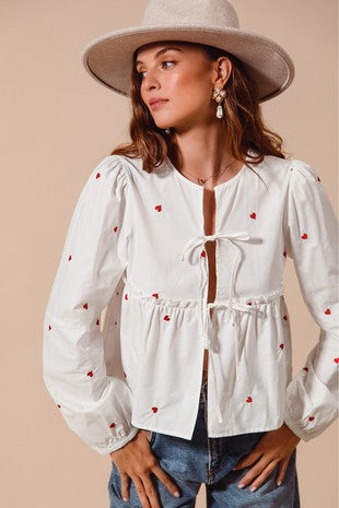 FRONT TIE HEART EMBROIDERED BLOUSE