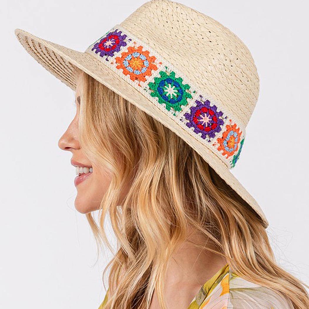 3AM BY H&D ACCESSORIES - Floral Crochet Band Straw Hat