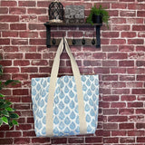 Anju Jewelry - Handcrafted Canvas Bag with Block-Printed Sky Blue Leaves