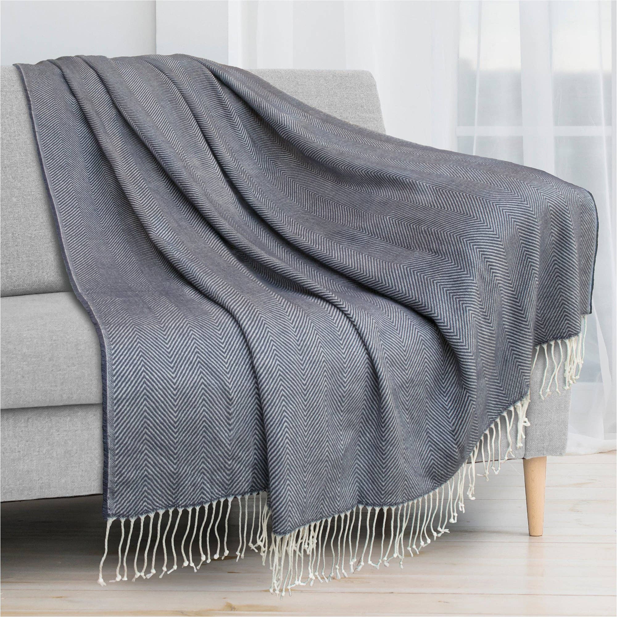 Herringbone Knit Fringe Throw Blanket