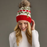 Panache Apparel Co. - Ivory & Red Holly Patterned Pom Hat
