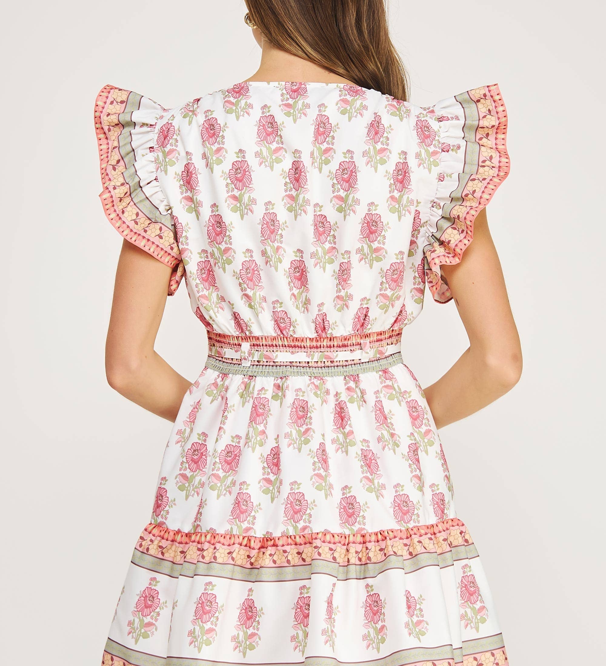 Strut & Bolt - Floral Block Print Poplin Ruffle Sleeve Mini Dress