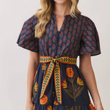 TCEC - CD07350-Floral Print Tiered Midi Dress with Waist Tie