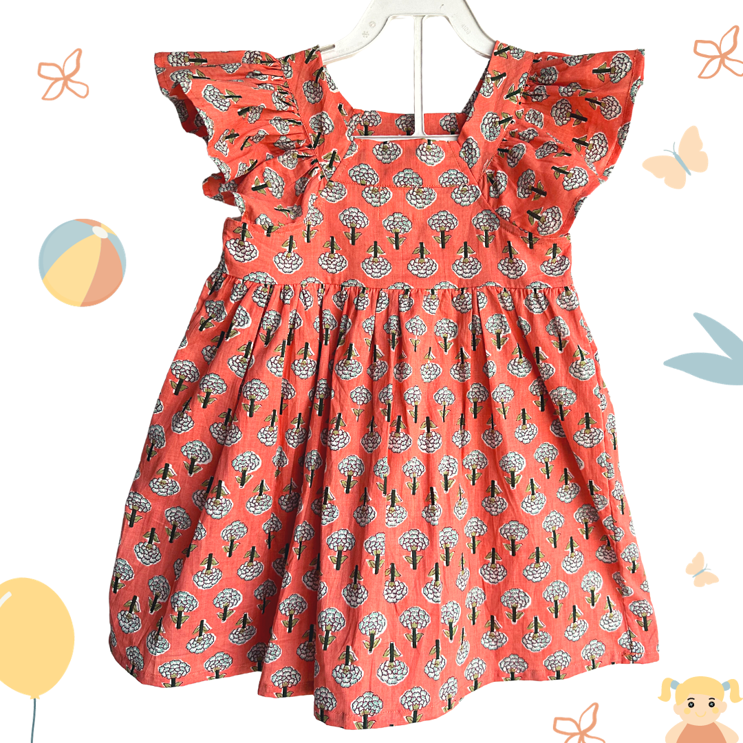 The Indian Bazaar - Girls Flutter Sleeve Dress - Peach Block Print