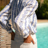 Rosa Clothing - French Romance Blue Floral Print Vintage Style Blouse
