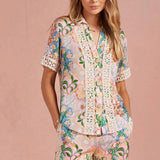 Strut & Bolt - Garden Party Crochet Contrast Trim Satin Shirt