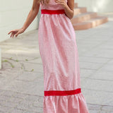 1 the Woman - Knot Straps Contrast Trim High Waist Ruffle Hem Maxi Dress