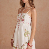 Strut & Bolt - Embroidered Palm & Floral Scalloped Babydoll Mini Dress