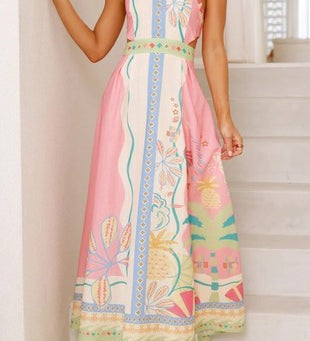 PRINT SLEEVELESS HALTER NECK DRESS