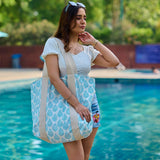 Anju Jewelry - Handcrafted Canvas Bag with Block-Printed Sky Blue Leaves