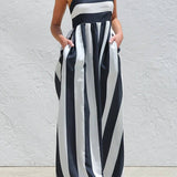 Rosa Clothing - Stripes block A-line maxi spaghetti straps dress