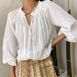 Rosa Clothing - Drawstring V Neck Puff 3/4 Sleeve Boho White Shirt