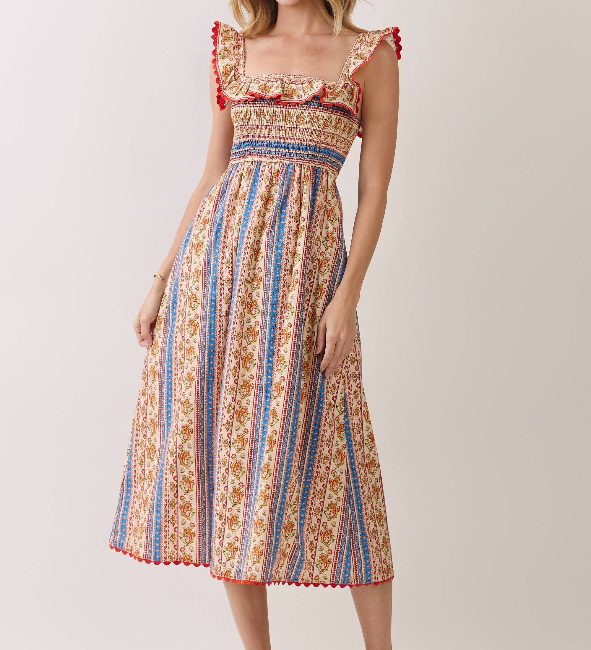 TCEC - CD07311-Paisley Stripe Smocked Midi Dress