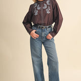 &MERCI - EMBROIDERED RUFFLED MOCK NECK TOP MTP5289