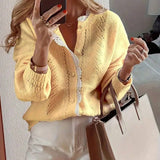 Rosa Clothing - Slouchy Contrast Scallop Lace Trim Button Knit Cardigan