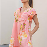 Strut & Bolt - Tropical Hibiscus V-neck Pintuck Mini Dress