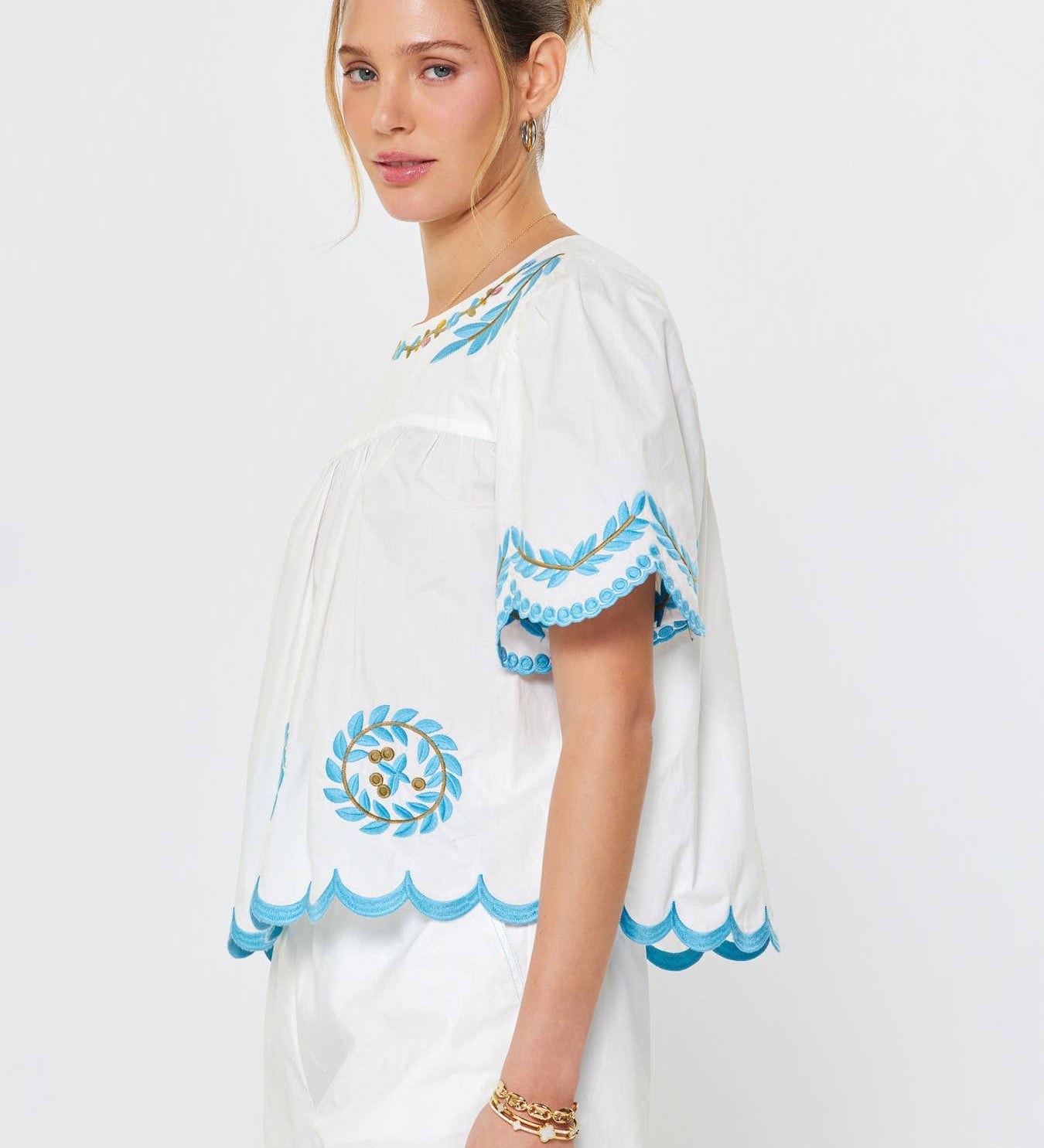 Current Air - Embroidered Peasant Short Sleeve Blouse