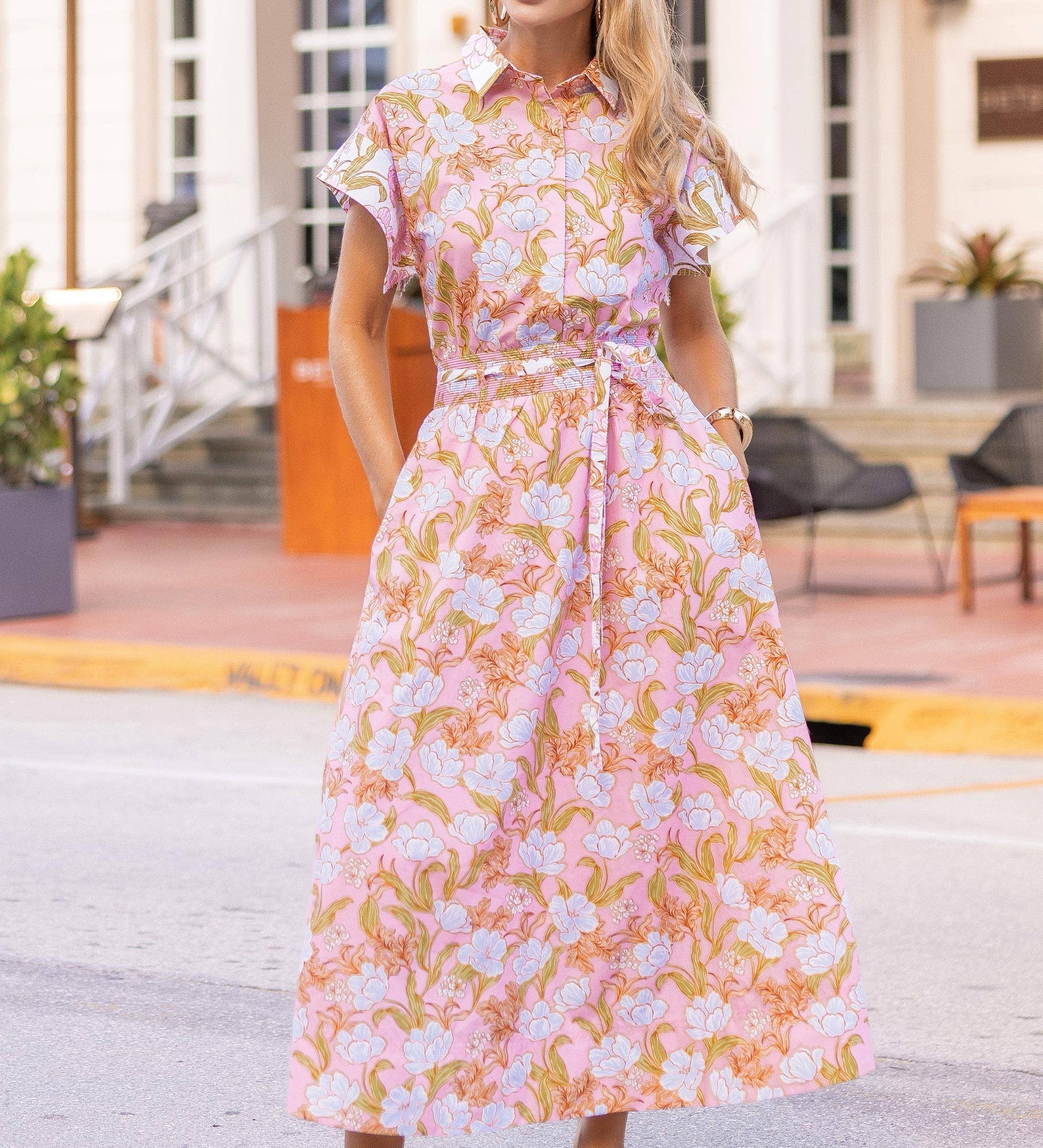 Strut & Bolt - Floral Print Block Shirt Midi Dress
