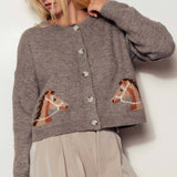 Urban Daizy - Western Horse Graphic Ribbed Trim Crew Neck Cardigan