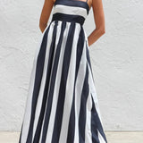 Rosa Clothing - Stripes block A-line maxi spaghetti straps dress