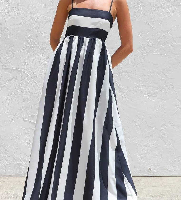 Rosa Clothing - Stripes block A-line maxi spaghetti straps dress