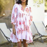 Dolma - Raya Block Printed Mini Dress White Coral 