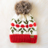 Panache Apparel Co. - Ivory & Red Holly Patterned Pom Hat