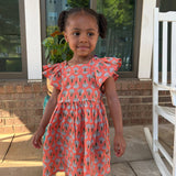 The Indian Bazaar - Girls Flutter Sleeve Dress - Peach Block Print