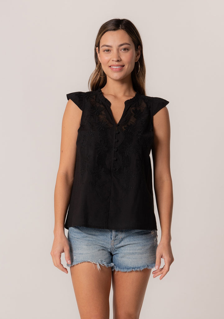 Embroidered Cap Sleeve Button Front Blouse