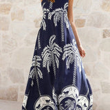 Rosa Clothing - Tropical vacation palm print A-line strappy maxi dress